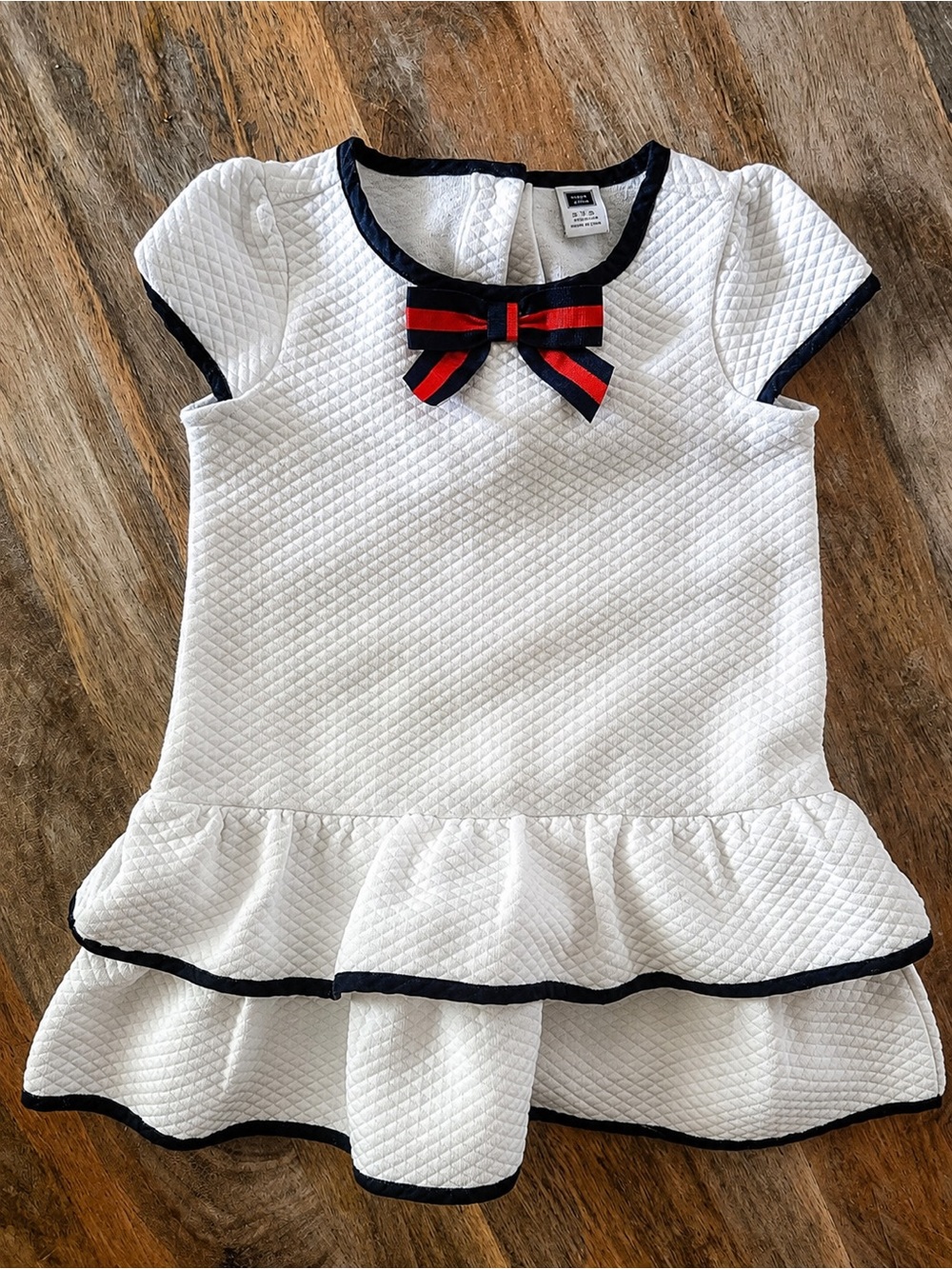 Janie and Jack White Quilted Drop Waist Dress 18-24M Navy Trim Bow Nautical